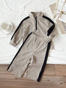 2pcs/Set Baby Girls Casual Apricot & Black Color Block Half Zip Sweatshirt Top Paired With Elastic Waist Pants Set, Comfortable Soft Fabric, Suitable For Infant/Baby GirlEveryday Wear Or Outdoor Activities, Autumn/Winter - Khaki - View 7