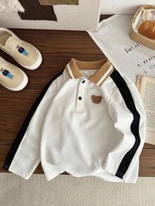 LMoss Kids LMoss 男童针织熊图案休闲 Polo 衫，长袖上衣，冬季服装，长袖，秋季，拼接长袖 Polo 衫，白色上衣，舒适的秋冬款式，秋冬服装