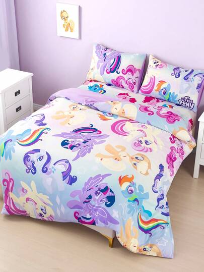 My Little Pony X SHEIN 3Pc Cute Cartoon Print Quilt Cover Set, Polished Material, Soft And Warm, Colorful Quilt Cover, Multiple Sizes, Suitable For Single Bed/Double Bed/Queen Bed/King Bed Twilight Sparkle/Rainbow Dash/Pinkie Pie/Applejack/Fluttershy/Rarity,Gift Ideas