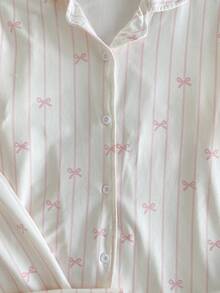 Conjunto de Roupas de Descanso com 2 Peças, Cardigã Decorado com Laço Rosa e Branco Listrado Elegante e Calça de Fleece Macia para Meninas Pré-Adolescentes