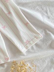 Conjunto de Roupas de Descanso com 2 Peças, Cardigã Decorado com Laço Rosa e Branco Listrado Elegante e Calça de Fleece Macia para Meninas Pré-Adolescentes
