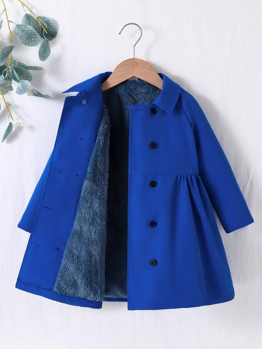 SHEIN Elladie kids 女童纯色单排扣休闲抓绒外套,秋冬季 - 寶藍色 - 查看 1
