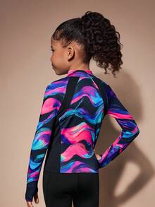 SHEIN Young Girls Printed Sports Jacket, Vibrant Multi-Color Knit Pattern Long Sleeve High-Elastic Gym Top, Fashionable Autumn Outdoor Activewear Coat - Multicolor - View 2