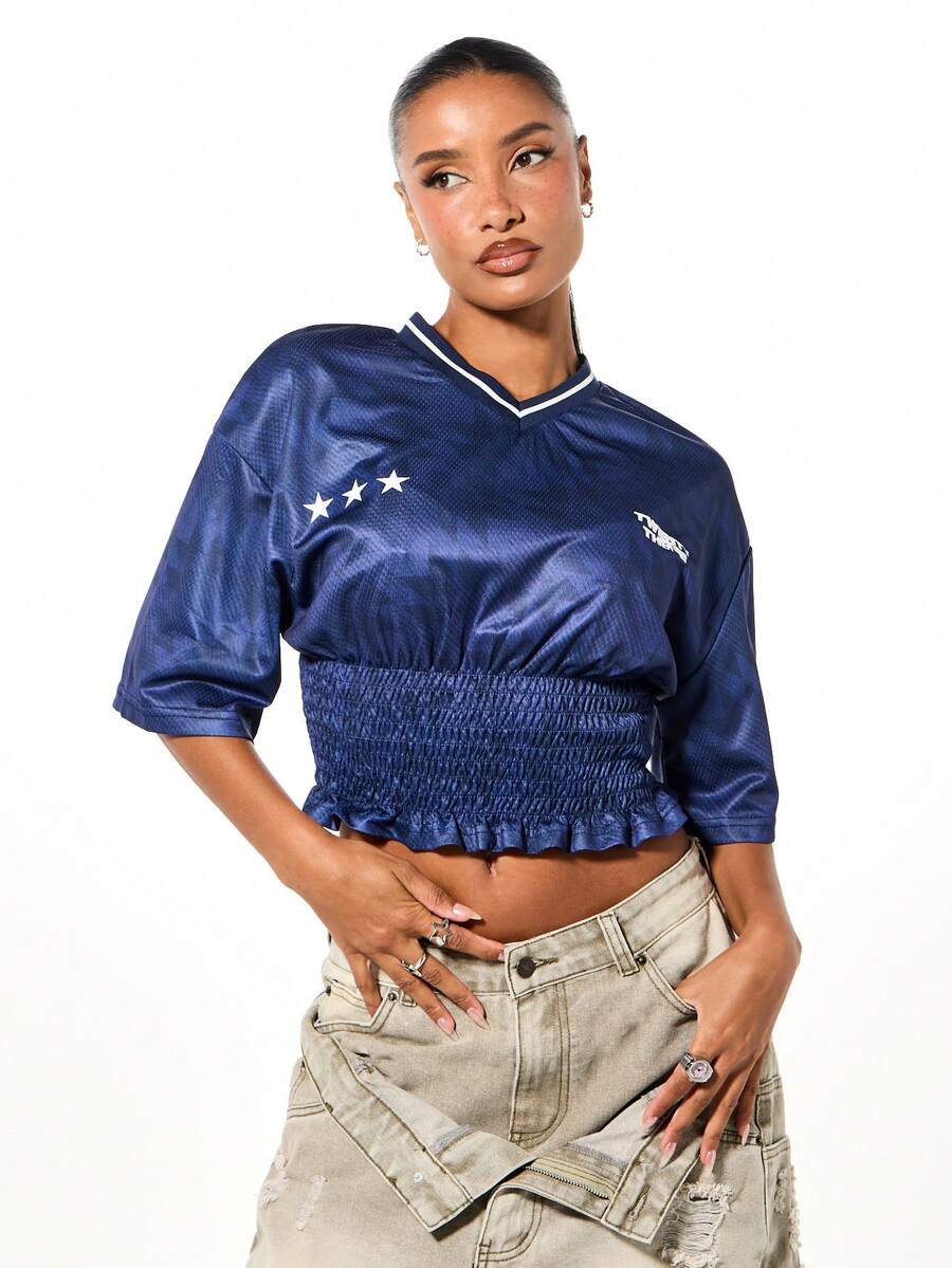 SUMWON WOMEN Kurzes Fußballtrikot mit geraffter Taille und Sternendetails für lässigen Streetwear-Stil - Blau - Übersicht 1