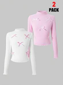 Girls' Ribbed Solid Color With Bow Decor2 Piecese Long Sleeve T-Shirt Set - Multicolor - View 4