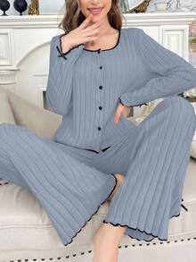 Women's Casual Fleece Long Sleeve Top And Pants Lounge Set, Autumn/Winter, Cozy - Blue - View 3