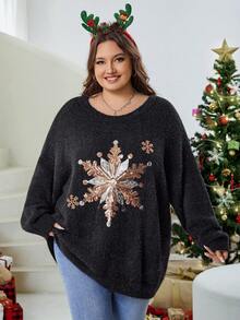 SHEIN CURVE+ Plus Size Autumn/Winter Casual Christmas Snowflake Pattern Bead Imitation Mink Fur Black Pullover Sweater Winter - Black - View 5