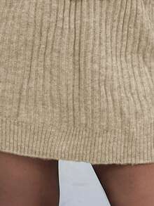 SHEIN EZwear 大码高领宽松粗针织灯笼袖毛衣连衣裙，秋冬款 - 杏色 - 查看 14