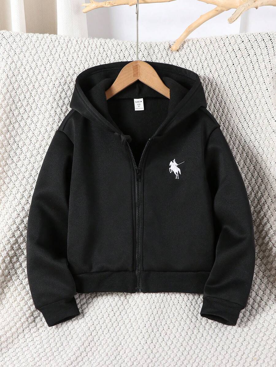 Genkimix Kids 少女外套，纯色时尚蝴蝶结卫衣夹克，舒适加厚保暖内衬卫衣面料，袖口蝴蝶结装饰，青春活力风格，适合返校季或休闲户外穿着 - 黑色 - 查看 1