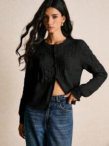 Poéselle 新款休闲宽松复古简约设计女式针织开衫 - 黑色 - 查看 6