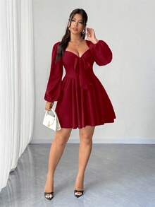 Elenzga 大码女士优雅性感红色系带连衣裙 - 紅色 - 查看 4