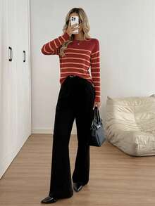 Easowa 女式黑白条纹长袖毛衣，适合返校季、学院风、秋冬季 - 酒紅色 - 查看 3