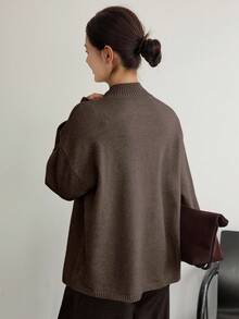 Dazy-Less Women's Loose Business Casual Asymmetric Collar Pullover Sweater, Solid Color Simple Basic Top, Autumn/Winter - Brown - View 4