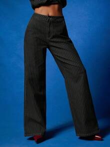 NYA SZN Petra Denim Pant High Rise Pinstripe Stripe Straight Leg Fitted For Women - Black - View 7