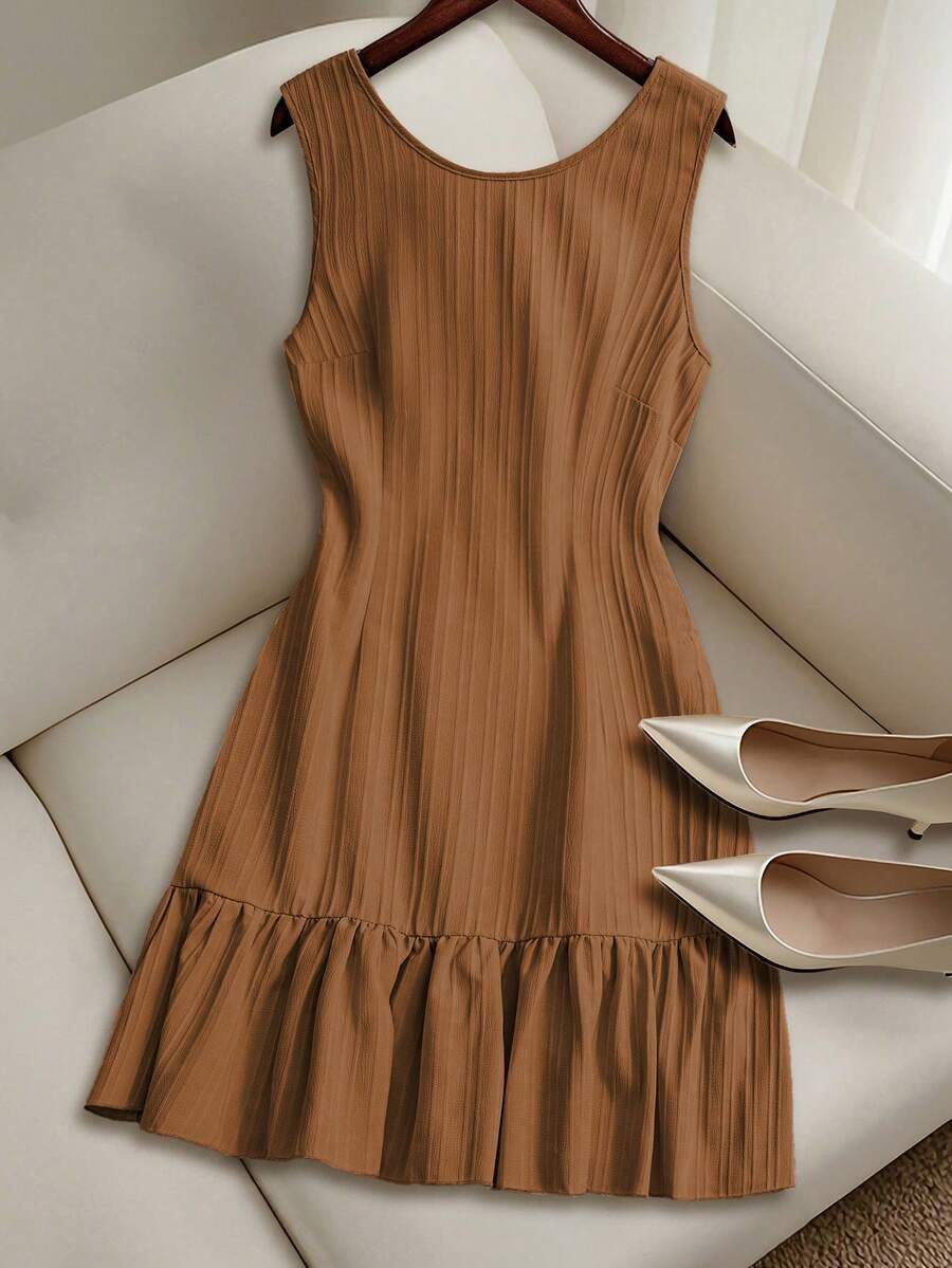 EMERY ROSE Women's Summer Woven Backless Tie Strap Sleeveless A-Line Ruffle Hem Casual Mini Dress - Coffee Brown - View 1