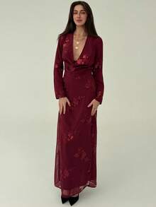 Aloruh 女士酒红色亮片深V领垂褶长款派对连衣裙 - 酒紅色 - 查看 4