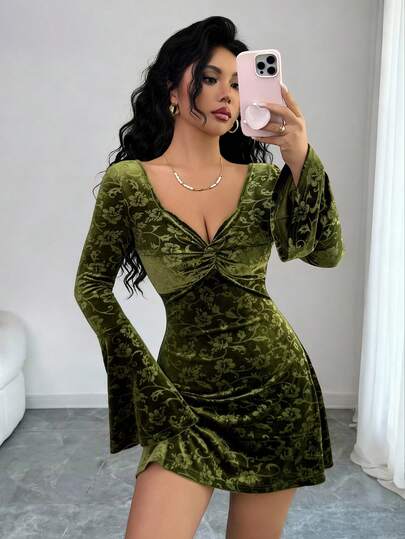 SHEIN Raffinéa Floral Jacquard Velvet Fabric Bodycon Dress, Flared Sleeve, Twist Bust Ruched Waist Open Back, Elegant Sexy Romantic Suitable For Halloween, Christmas, Music Festival, Holiday Party, Casual Commute, Spring/Autumn Olive Velvet Dress Women Green Dress Twist Front Dress Green Sexy Dress Velvet Dress For Women