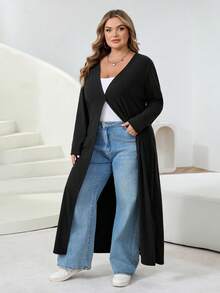 SHEIN CURVE+ 加大码纯色修身纽扣休闲开衫，女式秋季冬季服装 - 黑色 - 查看 9