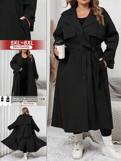 SHEIN CURVE+ 1pc Women's Solid Color Woven Longline Belted Front Button Trench Coat/Winter