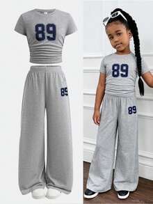 Girlism 2 件套青少年女童字母印花 T 恤和裤子，休闲日常时尚装扮，青少年两件套裤子套装，女童罗纹套装，女童裤子和上衣，喇叭裤套装，儿童女童阔腿裤套装 - 淺灰色 - 查看 11