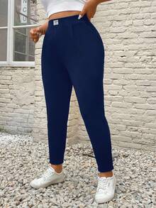 SHEIN PETITE CURVE Plus Size Women's Letter Embroidered Pockets Casual Tapered Pants/Winter - Navy Blue - View 3