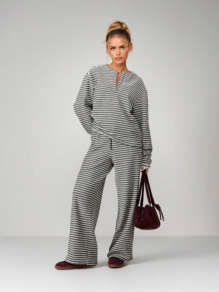 MISSGUIDED Christmas Striped Henley Two Piece Coordinating Set Casual Loungewear Wide Leg Pants Long Sleeve Top Fall Winter Comfort Outfit