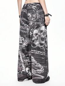 ROMWE Grunge Punk Jeans anchos y sueltos con estampado de cadena de calavera y esqueleto de estilo gótico oscuro - Gris - Ver 8