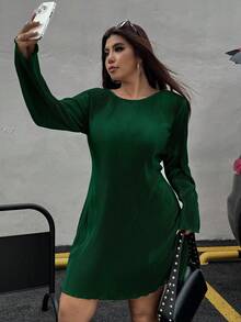 SHEIN EZwear 大码女式橄榄绿圆领长袖休闲连衣裙 - 墨綠色 - 查看 5