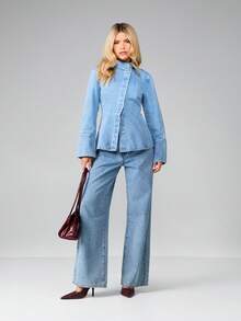 MISSGUIDED Light Wash Denim Jacket Button Front Collared Lapel Structured Casual Outerwear Classic Western Style Spring Fall - Blue - View 3