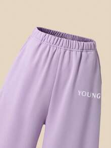 SHEIN Explorewe 两件套少女时尚休闲长袖V领字母印花卫衣搭配宽松侧袋运动裤，适合圣诞节、万圣节、秋冬季穿着。 - 紫色 - 查看 4
