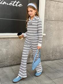 两件套少女休闲条纹卫衣和裤子套装 - 彩色 - 查看 3