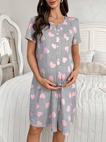 Moonlight&Mama 心形印花圆领单排扣口袋短袖孕妇睡裙 - 彩色 - 查看 4