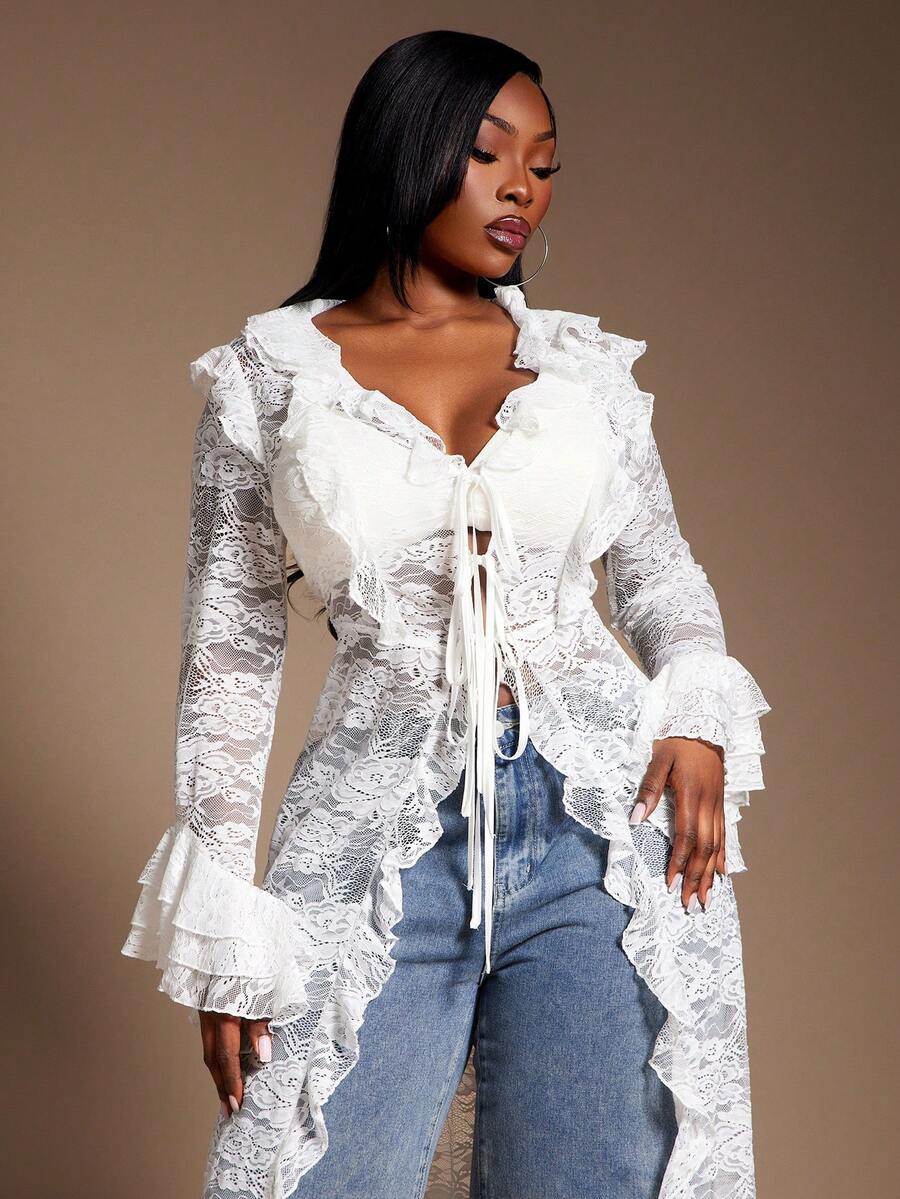 SHEIN SXY Plus Size Women Sexy Sheer Lace Elastic Blouse With Elegant Ruffle Trim Design, Suitable For Outerwear And Layering, Enriching Your, Streetwear, Going Out, Date Night, Fashionable, Lace Women Lace Cover Up Lace Kimono,Suitable For Leisure,Street Style,Western Wear,Music Festival,Vintage,Minimalism,Concert,Carnival Party - White - View 1