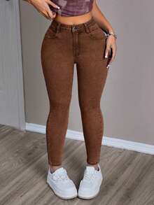 SHEIN PETITE Women's Solid Color Minimalist Everyday Jeans ,Petite Women - Coffee Brown - View 6