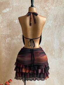 Soleia Women's Sexy Tie-Dye Print Halter Backless Knotted Ruffled Hem Mini Dress, Summer - Multicolor - View 2