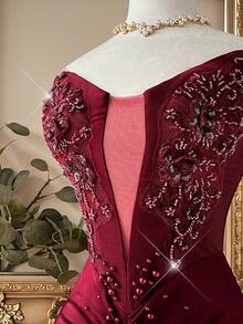 Lovelzi Eleganter, luxuriöser, perlenbesetzter, elastischer Strickbadeanzug mit geraffter, bestickter Applikation, sexy Schlitz, geeignet für Hochzeit, Party, Urlaub, Ball, Cocktailkleid (stark verziert), Valentinstag - Bordeaux - Übersicht 5