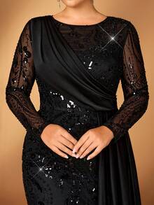 Serin Đầm dạ hội cỡ lớn sang trọng, thanh lịch màu đen, chất liệu satin thêu sequin, cổ tròn, tay dài, dáng đuôi cá bất đối xứng, phù hợp cho tiệc tối, tiệc độc thân, hẹn hò, dạ hội, kỳ nghỉ, đám cưới, mẹ cô dâu, khách mời, ngày Valentine. - màu đen - Xem 2