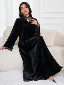 Al Najma 女士波尔卡圆点网格拼接长袖宽松优雅阿拉伯连衣裙 - 黑色 - 查看 5