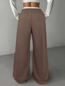 SHEIN EZwear 咖啡棕色针织女式休闲阔腿运动裤 - 咖啡棕 - 查看 2