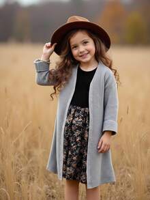 SHEIN Young Girl Solid Color Casual Long Cardigan Sweater - Grey - View 2