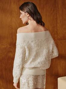 Anewsta 女士露肩白色网纱花卉拼接粗针织毛衣，柔软舒适，适合秋冬季穿着 - 杏色 - 查看 3