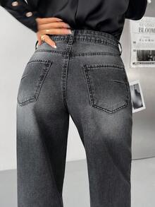 EURMUSE Women's Jeans Women's Casual Low Waist Snow Wash Wide Leg Jeans 2000s Style Black Jeans - Grey - View 4