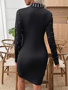 SHEIN LUNE Women's Beaded Stand Collar Bodycon Long Sleeve Midi Dress - Black - View 2