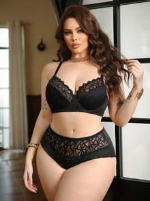 SHEIN 2pcs Plus Size Lace Patchwork Underwire Bra Set - Black - View 5