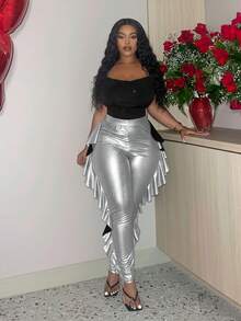 Slaydiva Plus Size Women PU Leather Patchwork Ruffle Hem Leggings - Silver - View 5
