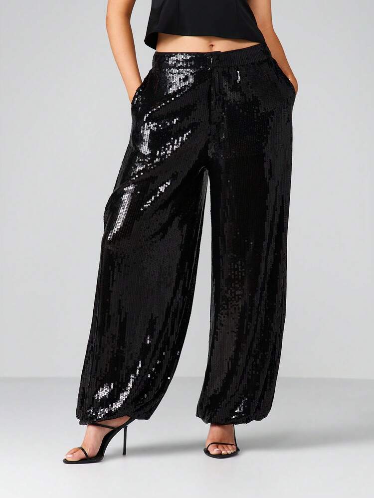 MISSGUIDED Sequin Wide Leg Palazzo Pants High Rise Evening Party Trousers For Holiday Occasions
