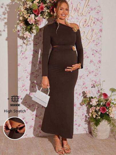Loomaby 2pcs Maternity Elegant Party Floral Decor Asymmetric Neck Top And Skirt Set,Gender Reveal Dress,Maternity Dress, Baby Shower Dress Pregnant Outfits Brown Maternity Dress Pregnant Dress Pregnancy Dress For Photoshoot