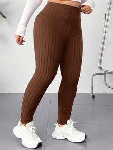 SHEIN EZwear Plus Size Women Solid Color Elastic Waist Casual Ribbed Leggings/Winter - Brown - View 4