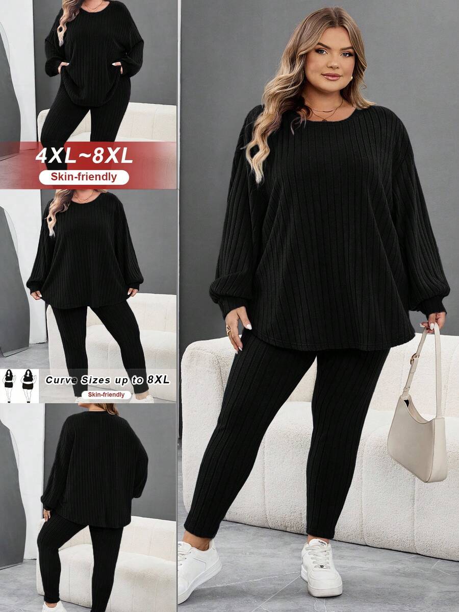 SHEIN CURVE+ Bộ 2 món đồ cỡ lớn cho nữ, áo thun dài tay trễ vai có gân và quần dài/Mùa thu/Mùa đông - màu đen - Xem 1