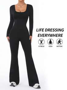 Easithlete 无缝高弹力背部 V 型提升运动连体裤，黑色长袖连体裤，黑色长袖连体裤 - 黑色 - 查看 2